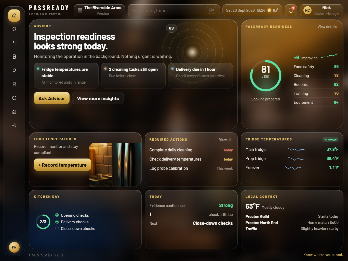 PassReady tablet Home — inspection readiness overview